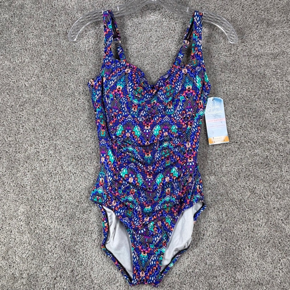 Swim Solutions Navy Multi Shirred One Piece Tummy Control Swimsuit Size 8 NEW